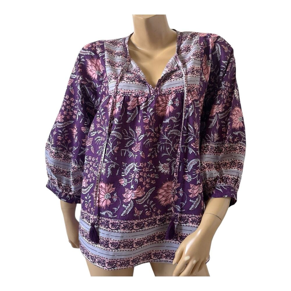 Bunulu Blouse Womens M Purple Peasant Boho Tassel Tie 100% Cotton Floral Top